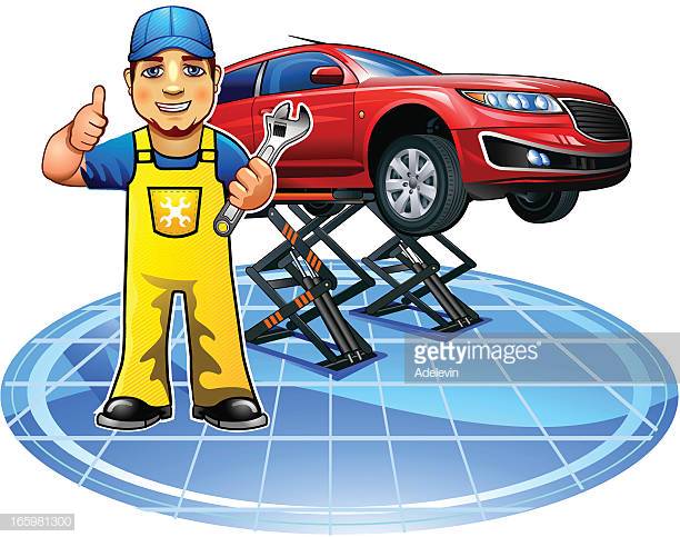 Car Mechanic With Wrench Standing On Background Of Car On A Lift.