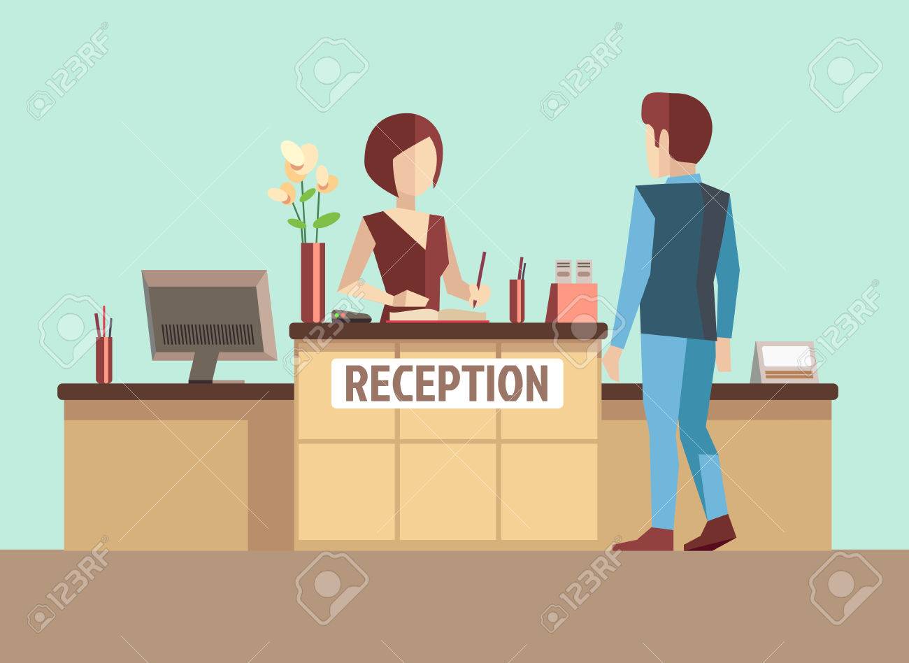 Customer At Reception. Vector Concept In Flat Style