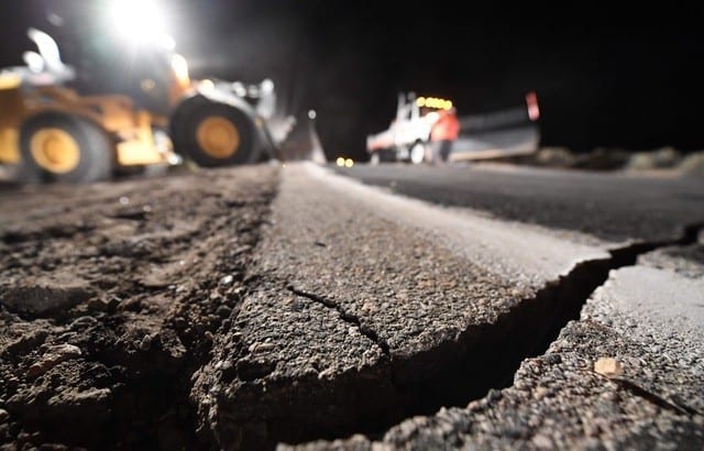640X410 Highway Workers Repair A Hole That Opened In The Road As A Result Of The July 5 2019 Earthquake In