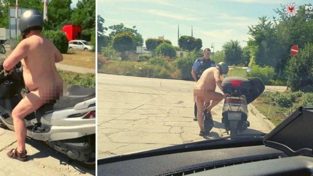 Arrêté à poil sur son scoo­ter, il répond : « Ben il fait chaud non ? »