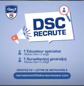 As Dakar Sacré Coeur Recrute 1 Éducateur Spécialisé Et 1 Surveillant(E) Générale