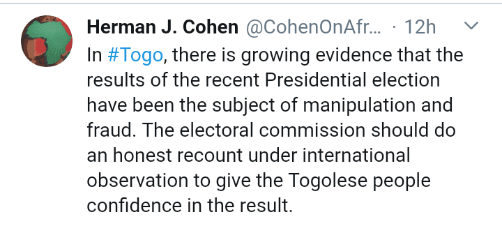 Herman Cohen Doingbuzz - Herman Cohen : « La récente élection présidentielle au Togo ont fait objet de manipulations et de fraudes »