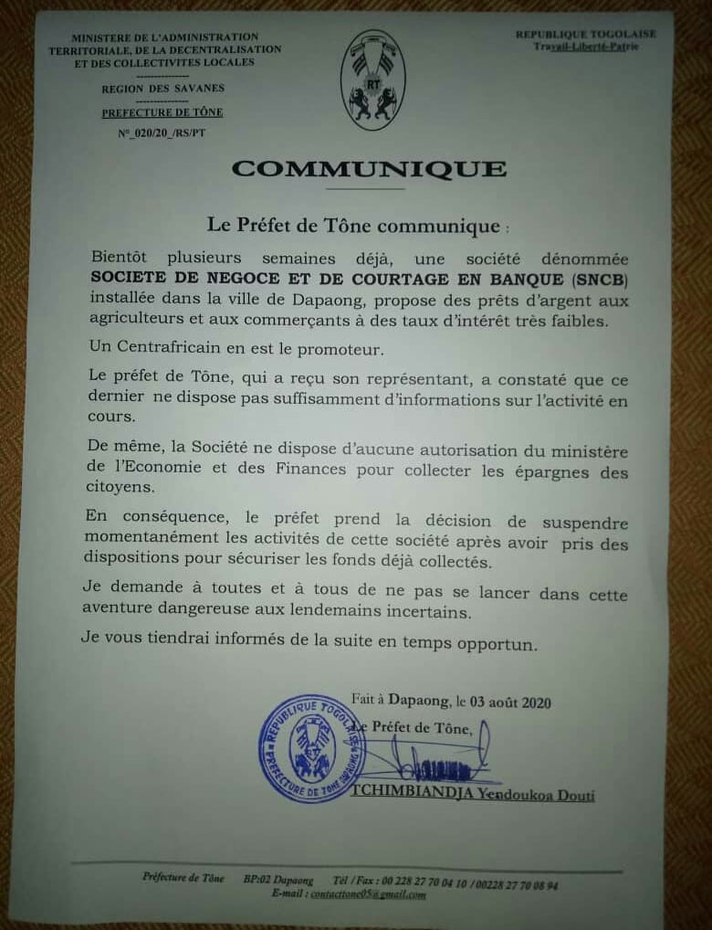 Togo/Alerte : Un Préfet Met Fin Aux Activités D&Rsquo;Une Entreprise Collectant L&Rsquo;Argent Des Citoyens