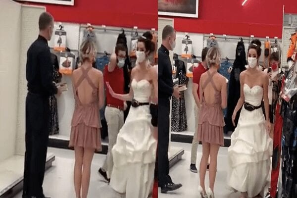 Elle débarque au lieu de travail de son fiancé en robe de mariée et l’oblige à l’épouser (vidéo)