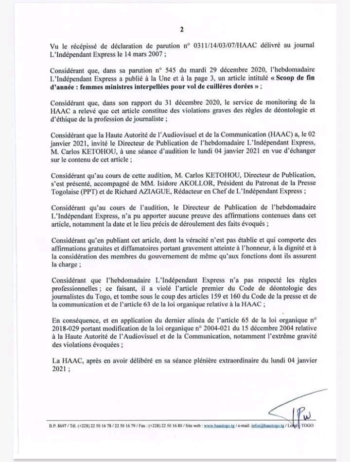 FB IMG 16097760338334708 - Togo : le journal L'Indépendant Express ne va plus paraître (HAAC)