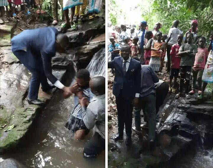 Togo Un pasteur en veste baptise ses fideles dans une cascade doingbuzz 1 - Togo: Un pasteur  en veste baptise ses fidèles dans  une cascade, la toile s’enflamme