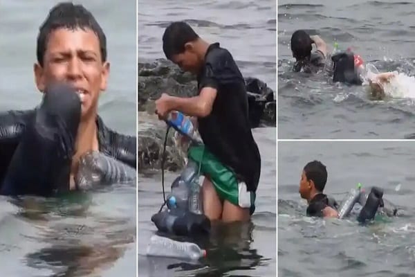 Un jeune migrant désespéré bouteilles en plastique maintenir à flot  - Un jeune migrant désespéré utilise des bouteilles en plastique pour se maintenir à flot (vidéo)