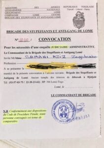 Zaga Bambo convocation preuve 211x300 - Togo : L'artiste Zaga Bambo convoqué par la brigade des stupéfiants et anti-gang