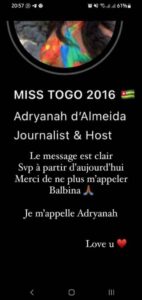 Togo : La Miss Balbina D'Almeida Change De Prénom