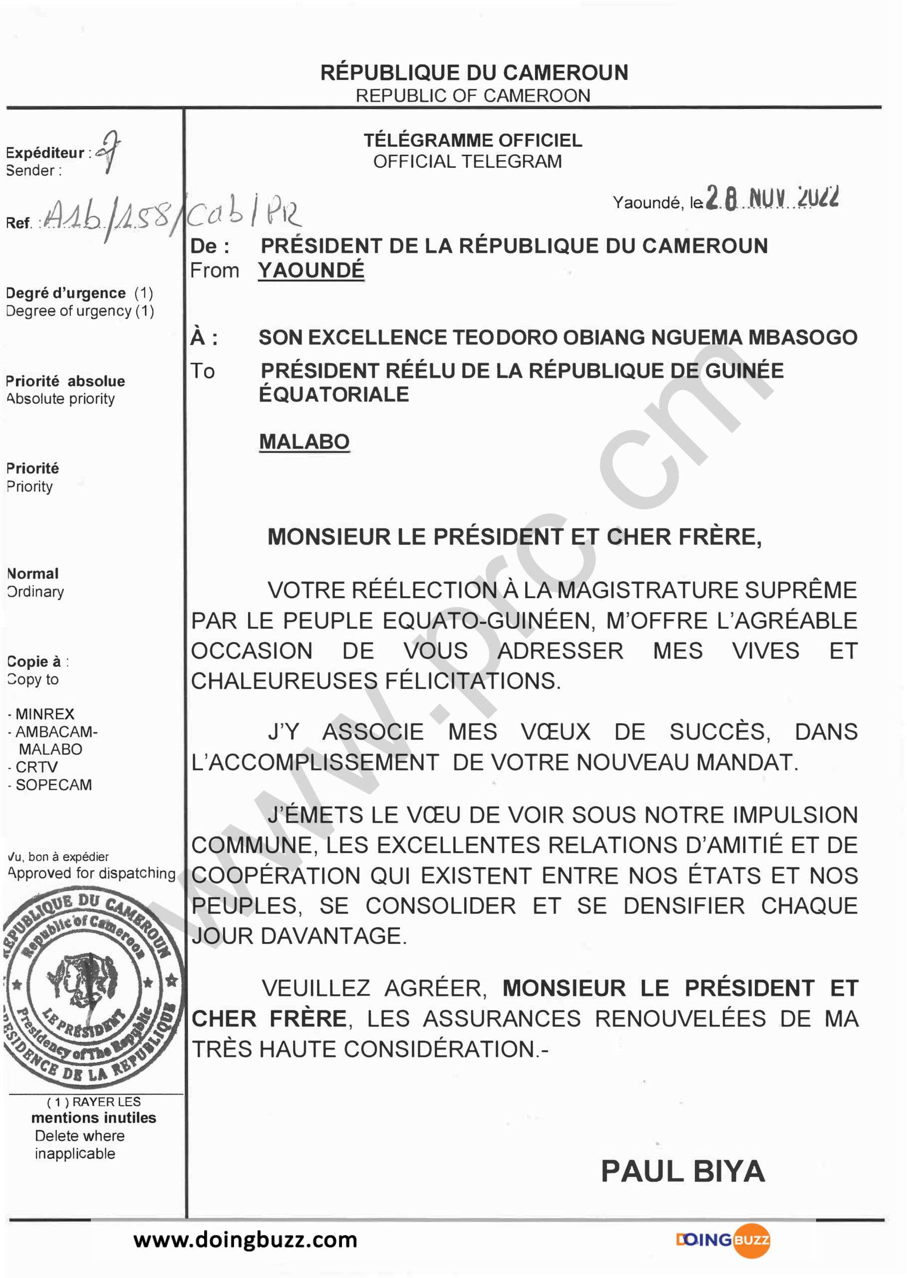 Paul Biya Félicite Teodoro Obiang Pour Sa Réélection En Guinée Équatorial 