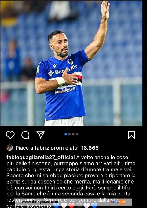 Fabio Quagliarella Envoie Un Beau Message D'Adieu À La Sampdoria