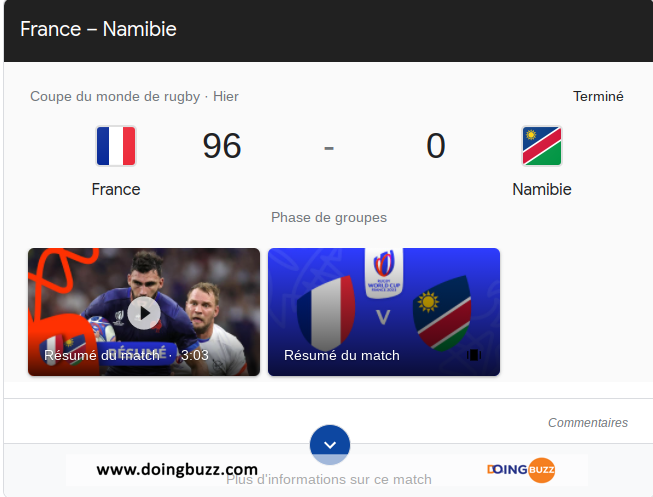 Coupe du monde de Rugby : 96 - 0 en faveur de l'équipe de France contre la Namibie