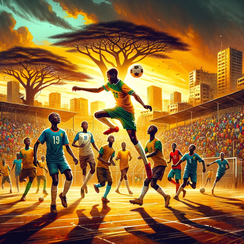 Dall·e 2024 03 29 12.54.53 A Vibrant And Dynamic Illustration Capturing The Essence Of Senegalese Football. The Scene Is Set On A Bustling Local Football Field In Dakar Where Y