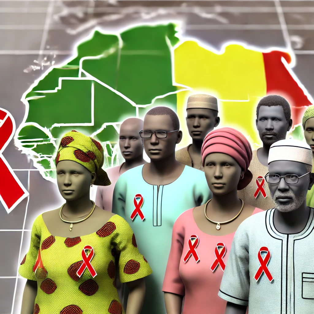 Dall·e 2024 07 26 16.57.08 An Illustration Of People In Senegal Affected By Aids. The Image Shows A Diverse Group Of Men And Women Of Different Ages Some With Visible Signs Of