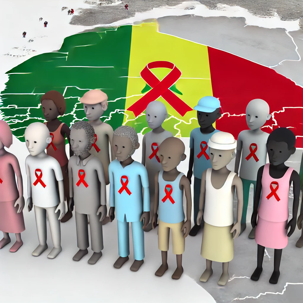 Dall·e 2024 07 26 16.57.19 An Illustration Of People In Senegal Affected By Aids. The Image Shows A Diverse Group Of Men And Women Of Different Ages Some With Visible Signs Of